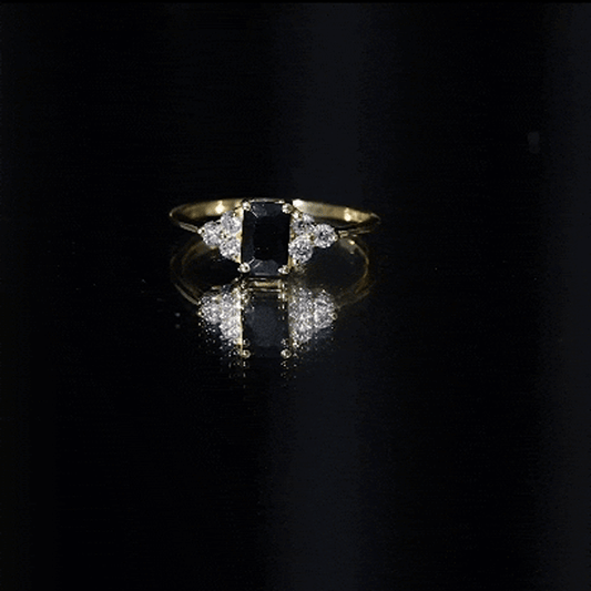 Emerald Cut Created Black Diamond Solitaire Ring with Diamond Trio