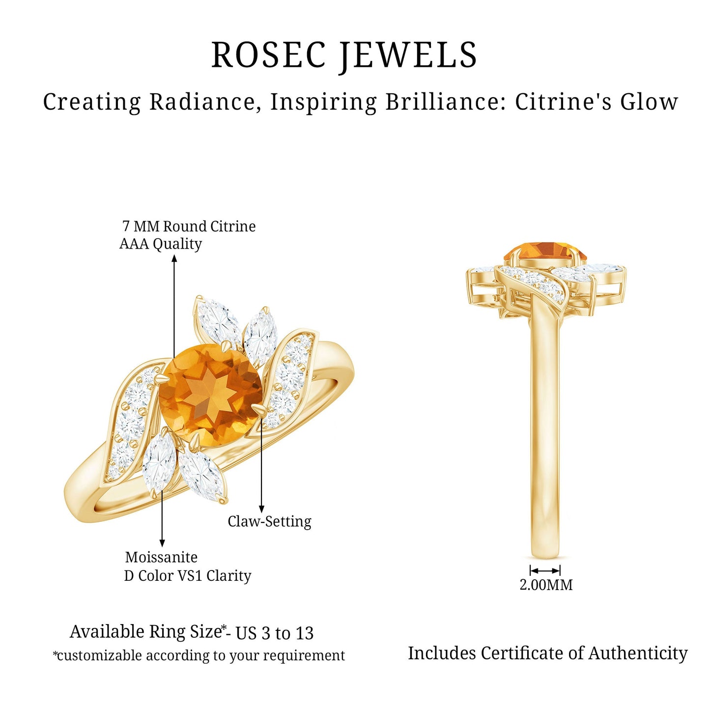 Certified Real 1.2 Carat Citrine Engagement Ring with Moissanite
