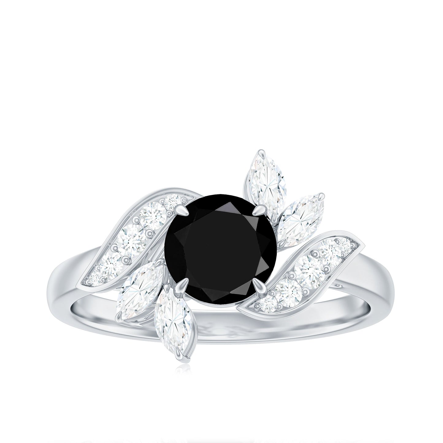 Genuine 2 Carat Round Black Onyx Floral Engagement Ring with Certificate