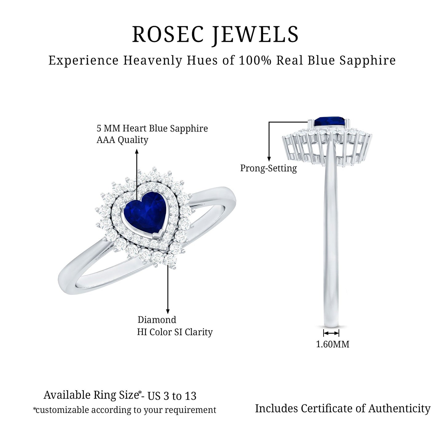 Real 0.6 Carat Heart Shaped Blue Sapphire and Diamond Double Halo Engagement Ring