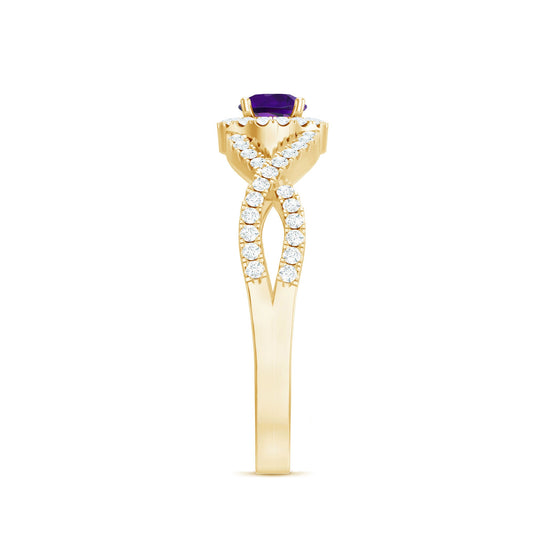 Real Amethyst Diamond Halo Engagement Ring with Criss Cross Shank