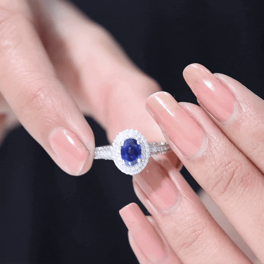 1 Carat Oval Lab Grown Blue Sapphire Diamond Vintage Engagement Ring with Double Halo