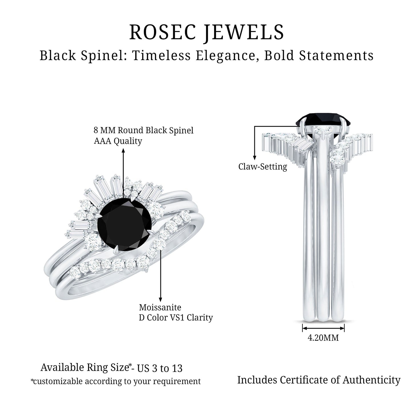 Vintage Looking 2.6 Carat Black Spinel Bridal Ring Set with Moissanite