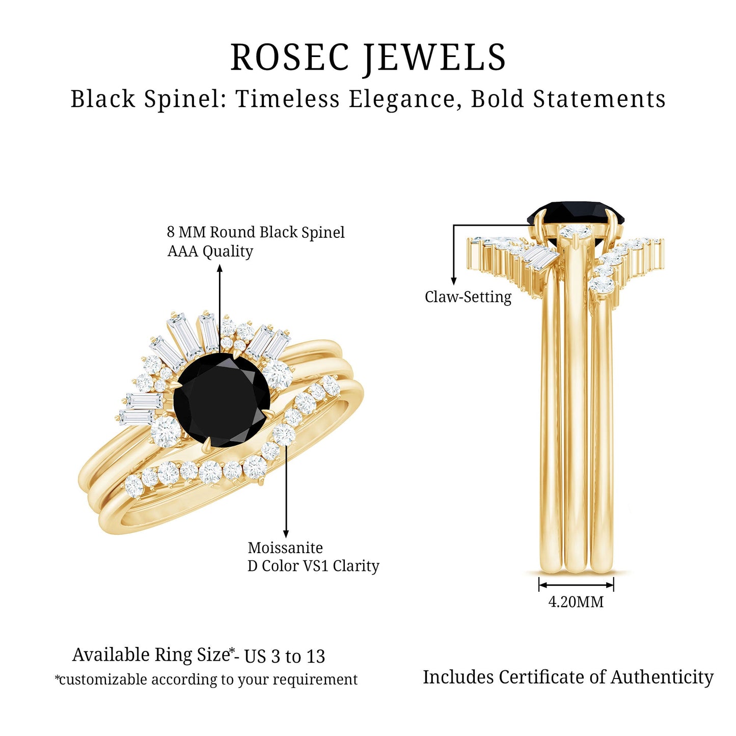 Vintage Looking 2.6 Carat Black Spinel Bridal Ring Set with Moissanite