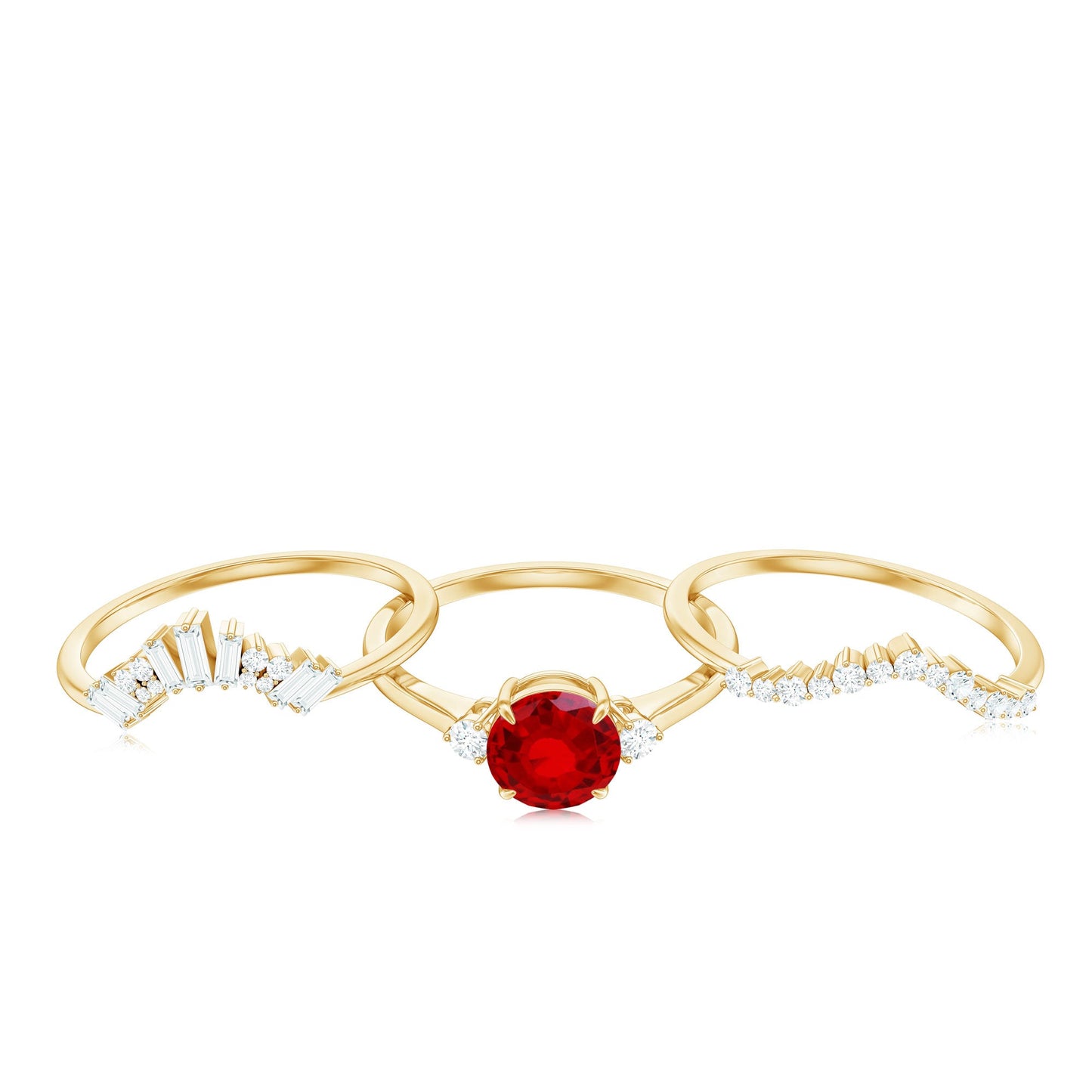 Vintage Inspired Lab Ruby and Diamond Trio Wedding Ring Set