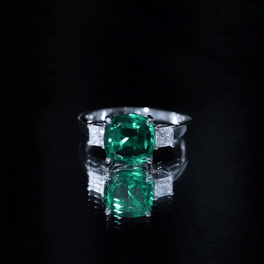 Lab Grown Emerald Cushion Engagement Ring with Moissanite