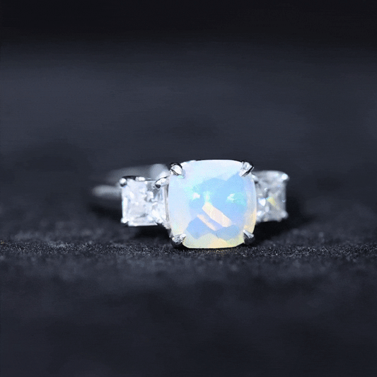 1.8 Carat Genuine Cushion Cut Ethiopian Opal 3 Stone Engagement Ring with Moissanite