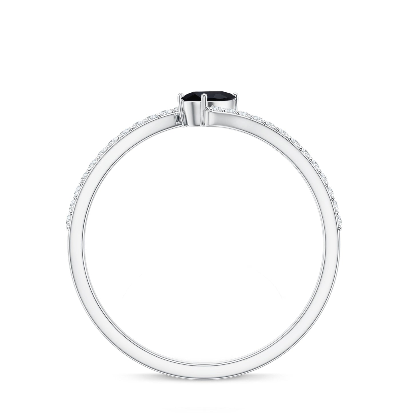 Minimalist Pear Cut Black Onyx Solitaire Promise Ring with Diamond Bypass Shank