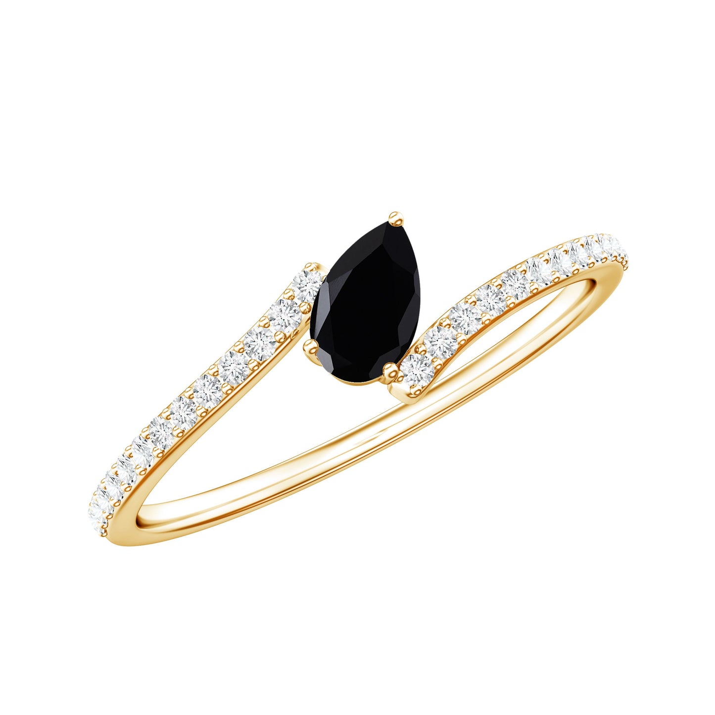 Minimalist Pear Cut Black Onyx Solitaire Promise Ring with Diamond Bypass Shank