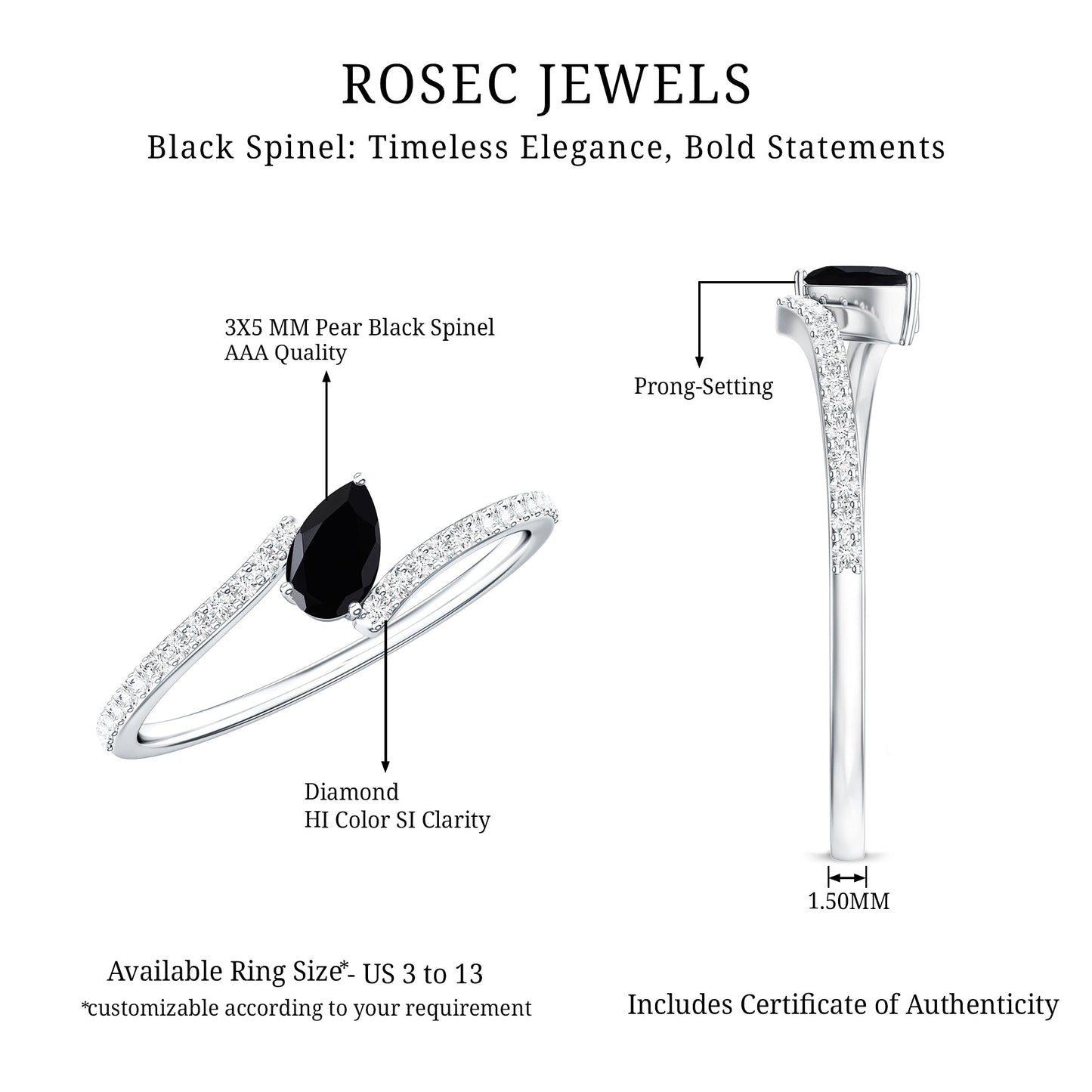 Real Black Spinel Promise Ring with Diamond Bypass Shank
