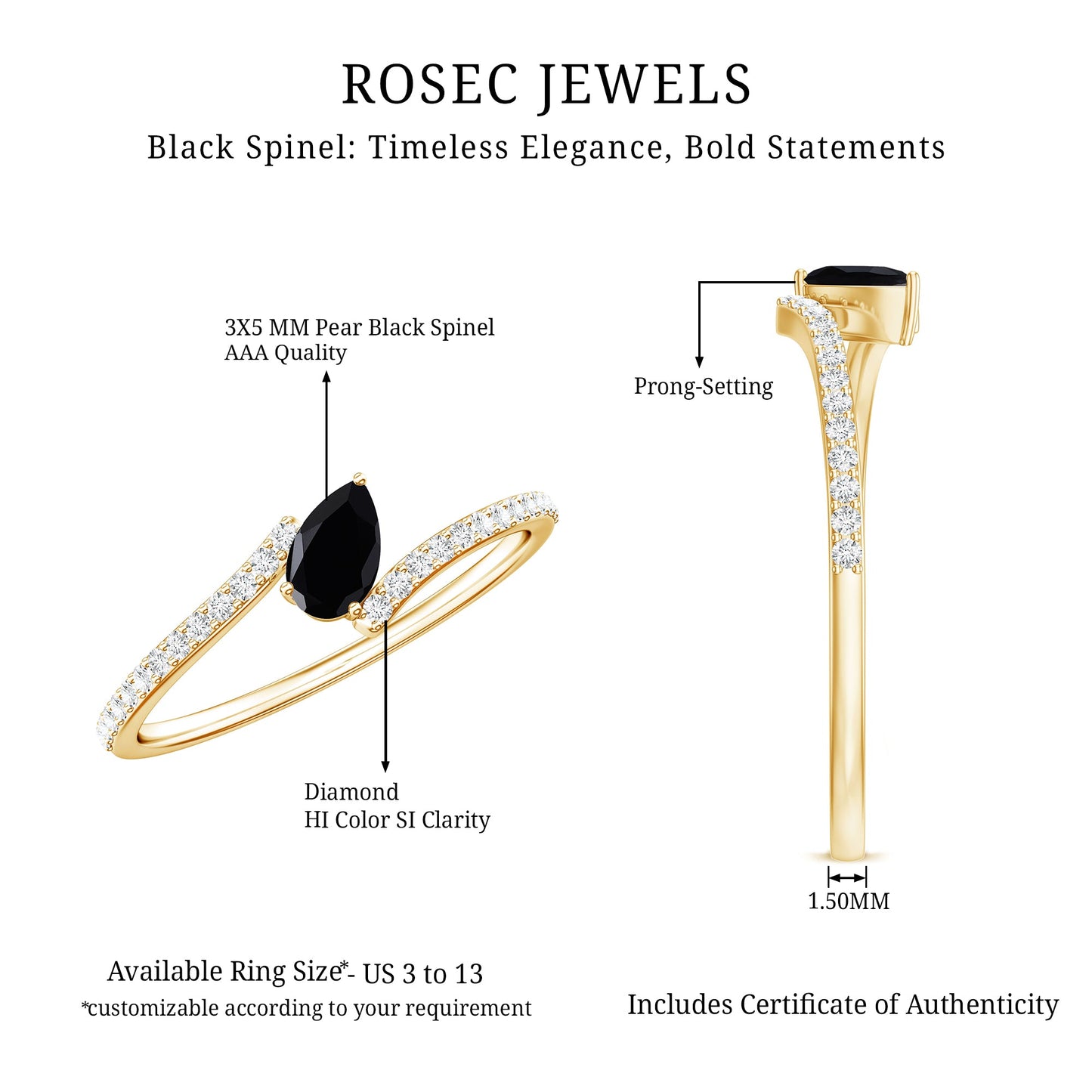 Real Black Spinel Promise Ring with Diamond Bypass Shank