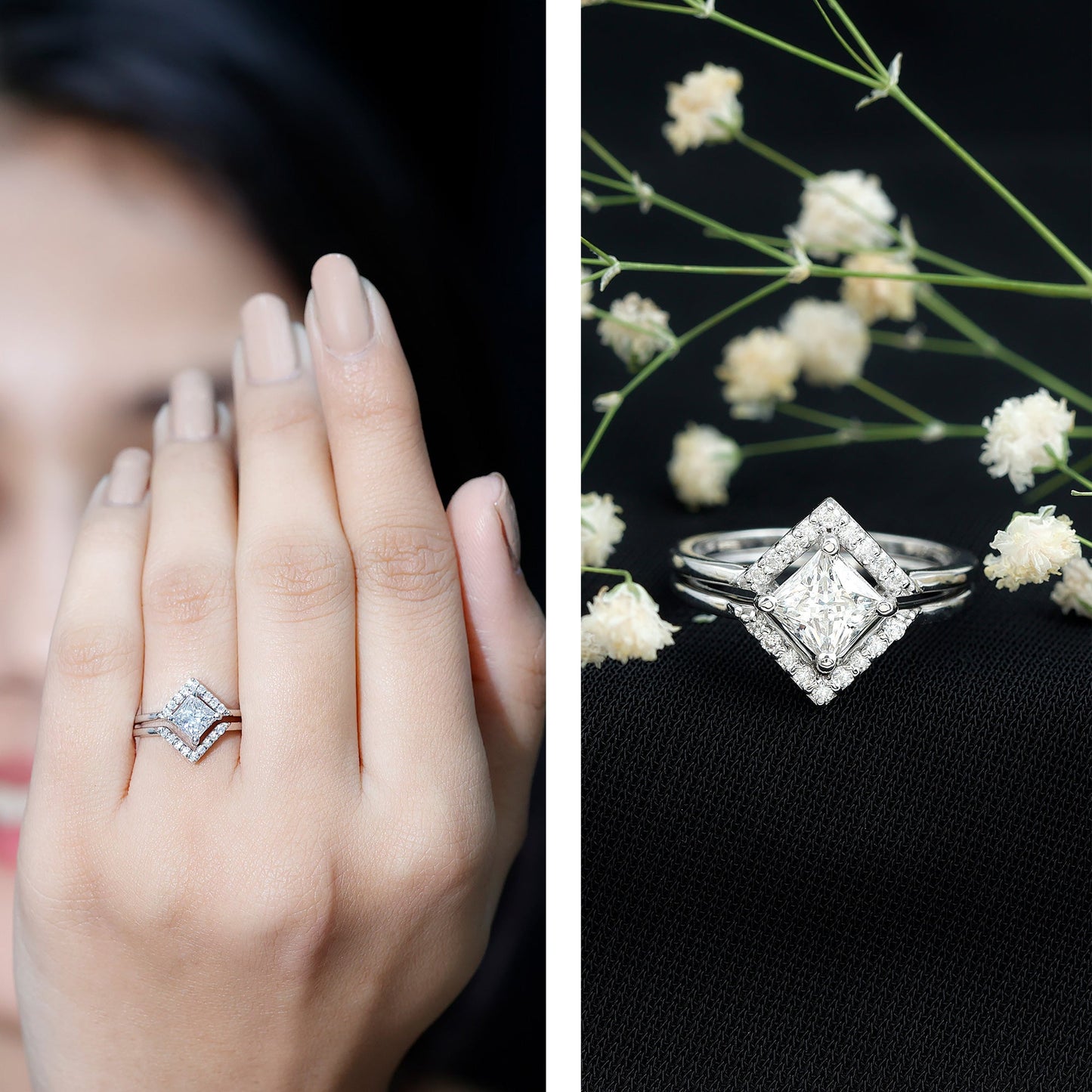 Certified Moissanite Princess Cut Wedding Ring Set for Women