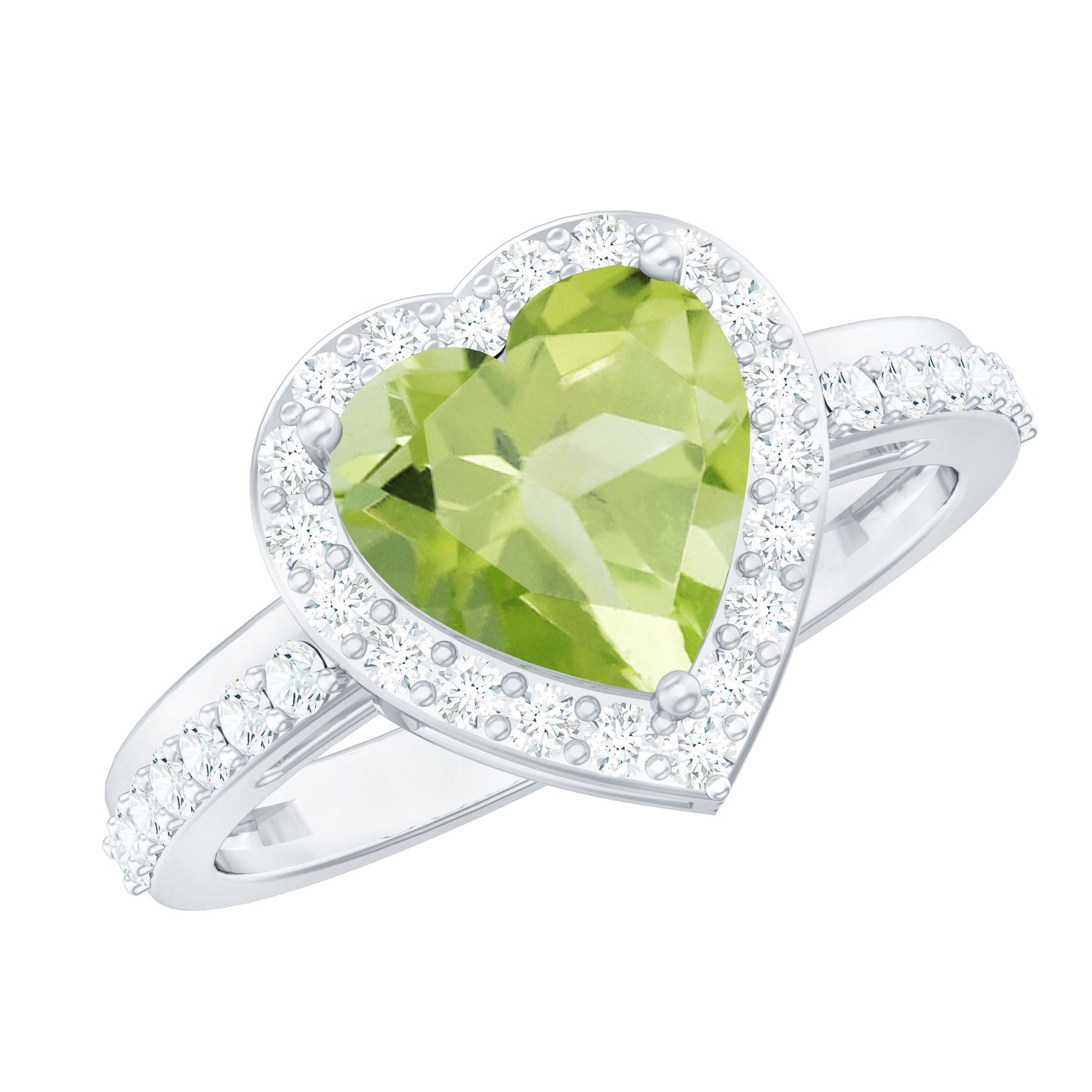 Natural 2 Carat Peridot Heart Engagement Ring with Diamond Halo