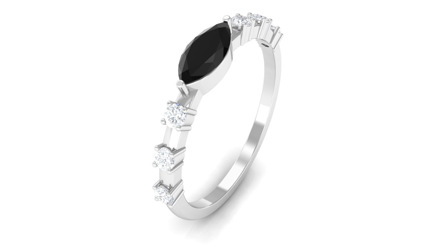0.7 Carat Marquise Cut Black Spinel East West Ring with Diamond