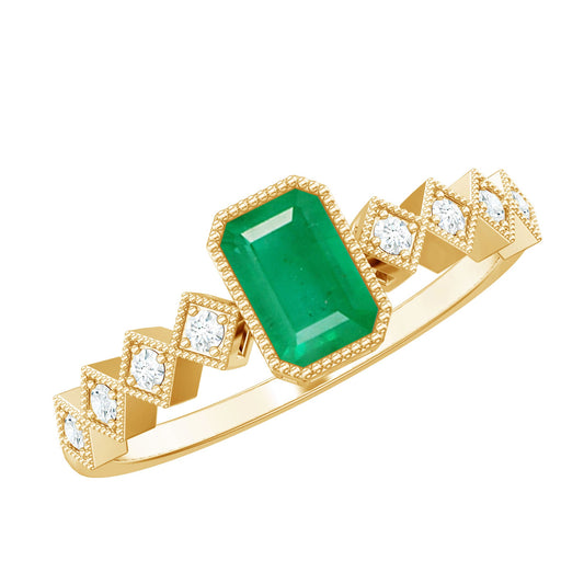 Vintage Looking Emerald Cut Emerald Engagement Ring with Diamond
