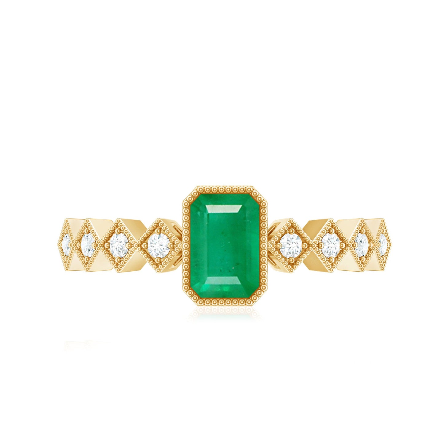 Vintage Looking Emerald Cut Emerald Engagement Ring with Diamond
