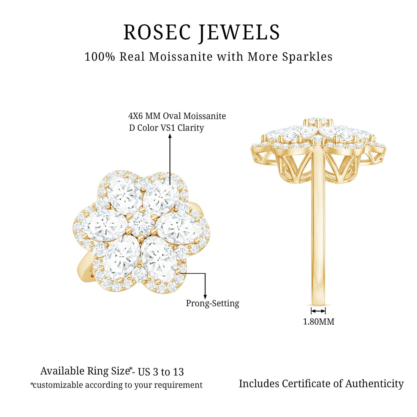 Certified Moissanite Huge Flower Engagement Ring
