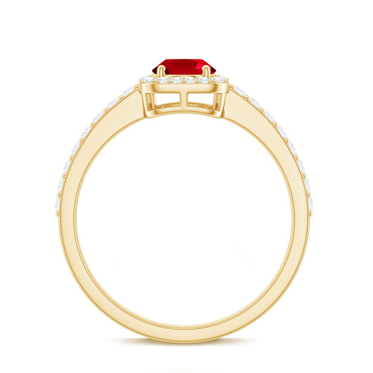 Oval Cut Lab Created Ruby and Diamond Halo Engagement Ring