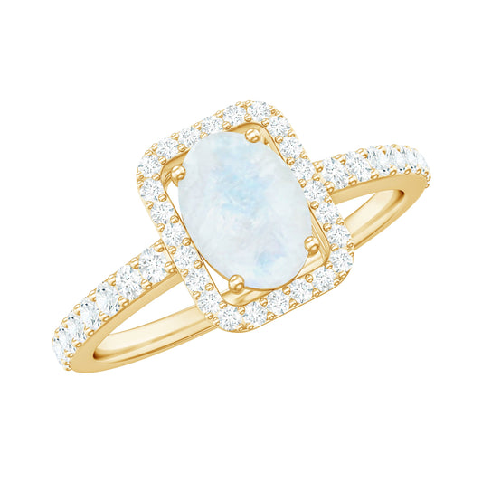 0.6 Carat Oval Cut Moonstone Ring with Diamond Halo