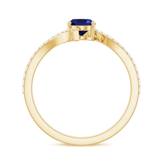 1 Carat Oval Cut Lab Created Blue Sapphire Bypass Solitaire Ring with Diamond
