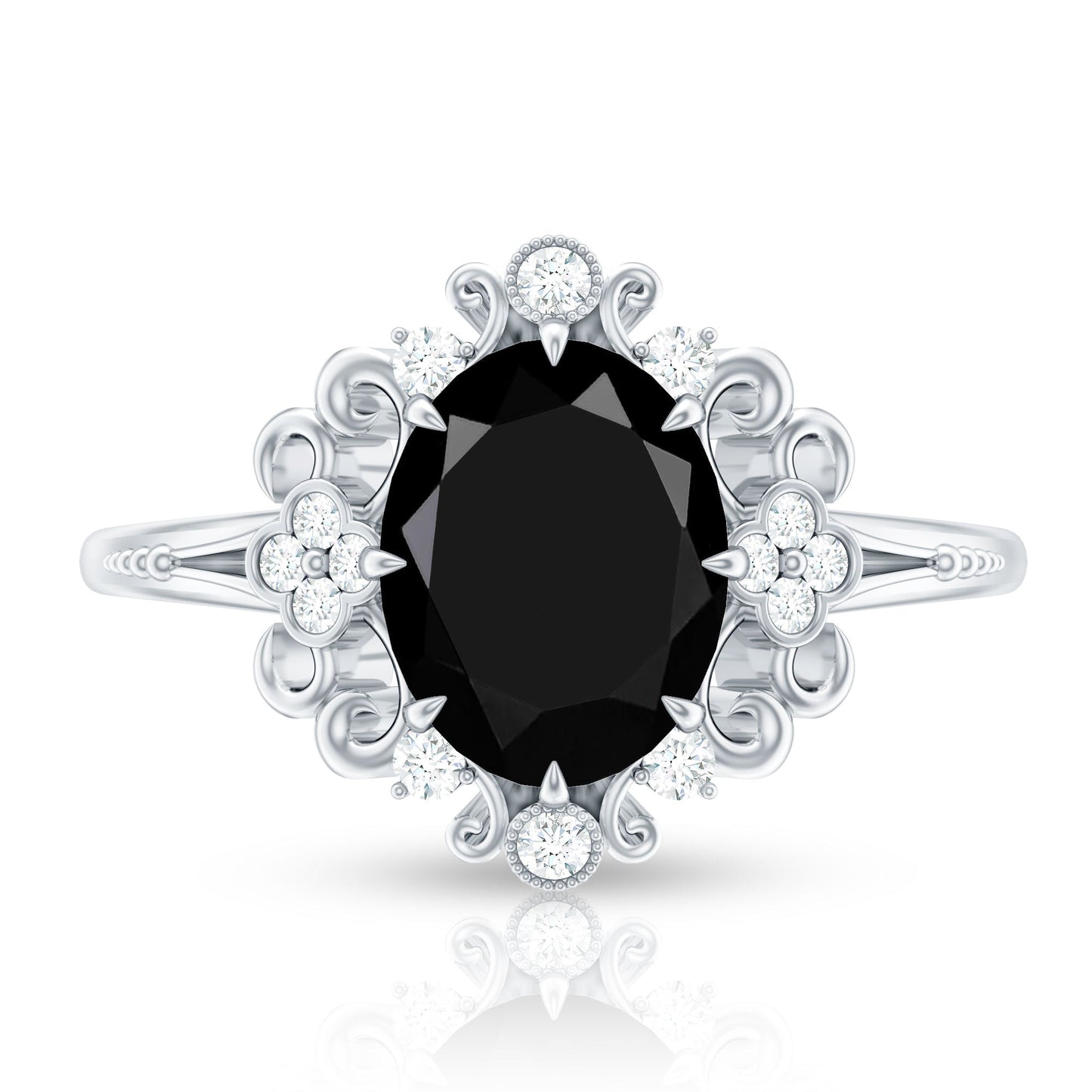 1.7 Carat Oval Cut Vintage Inspired Black Onyx Statement Ring with Diamond