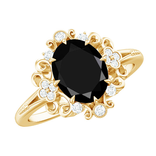 1.7 Carat Oval Cut Vintage Inspired Black Onyx Statement Ring with Diamond