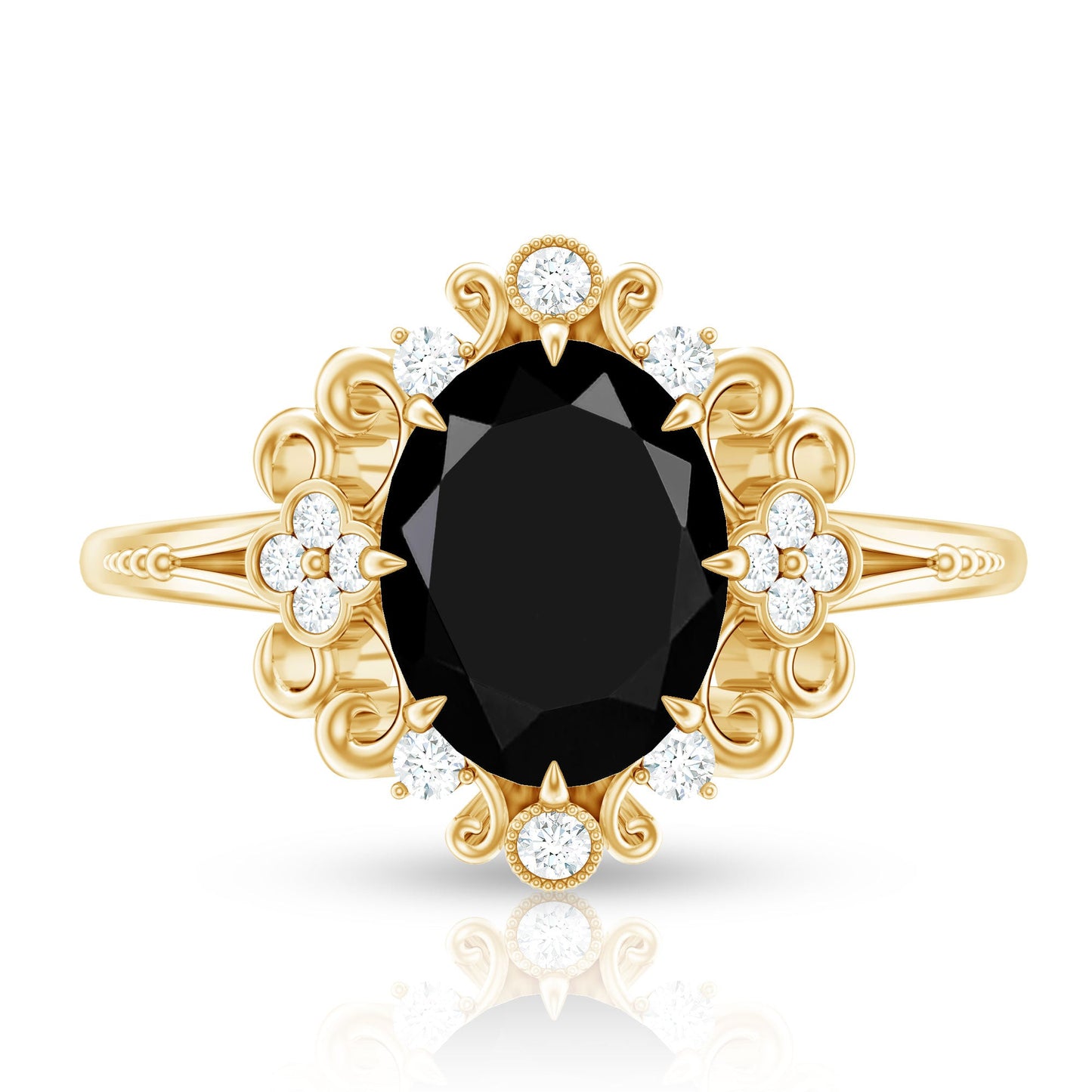 1.7 Carat Oval Cut Vintage Inspired Black Onyx Statement Ring with Diamond