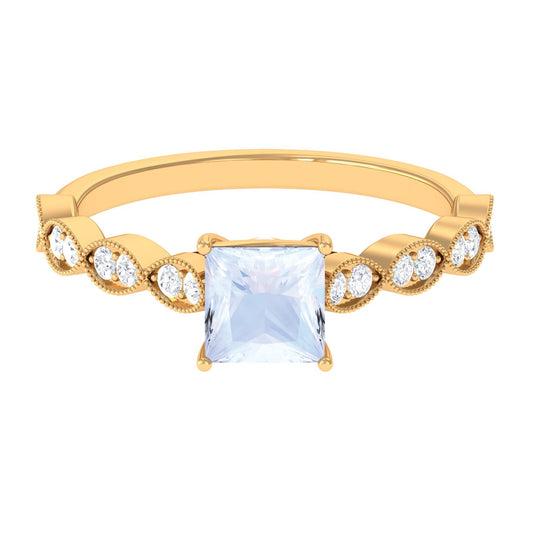 0.5 Carat Princess Cut Moonstone Solitaire Ring with Diamond Side Stones