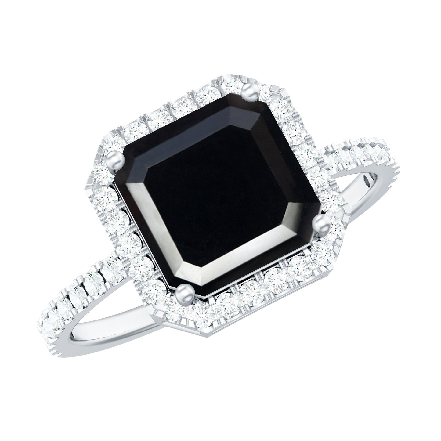 3 Carat Asscher Cut Black Onyx Halo Engagement Ring with Diamond