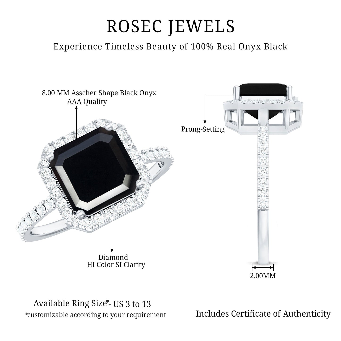 3 Carat Asscher Cut Black Onyx Halo Engagement Ring with Diamond