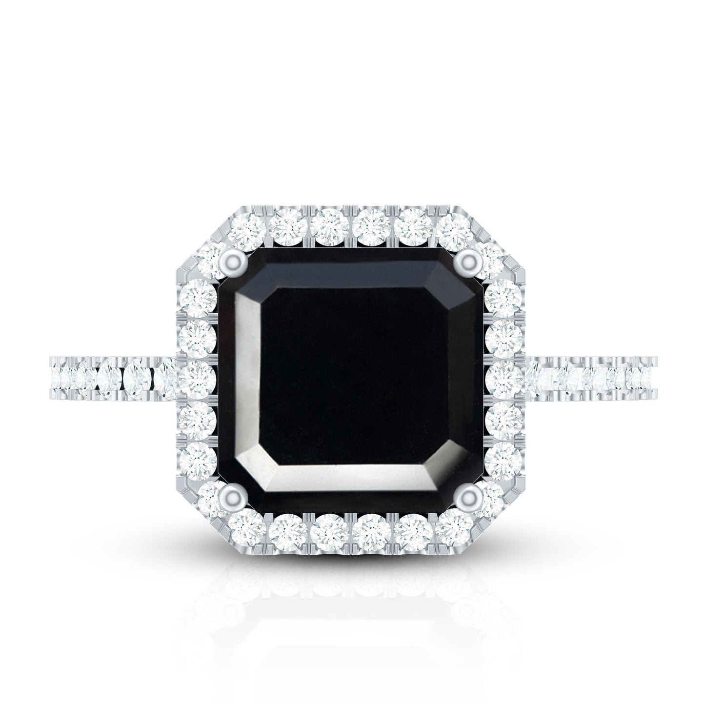 3 Carat Asscher Cut Black Onyx Halo Engagement Ring with Diamond