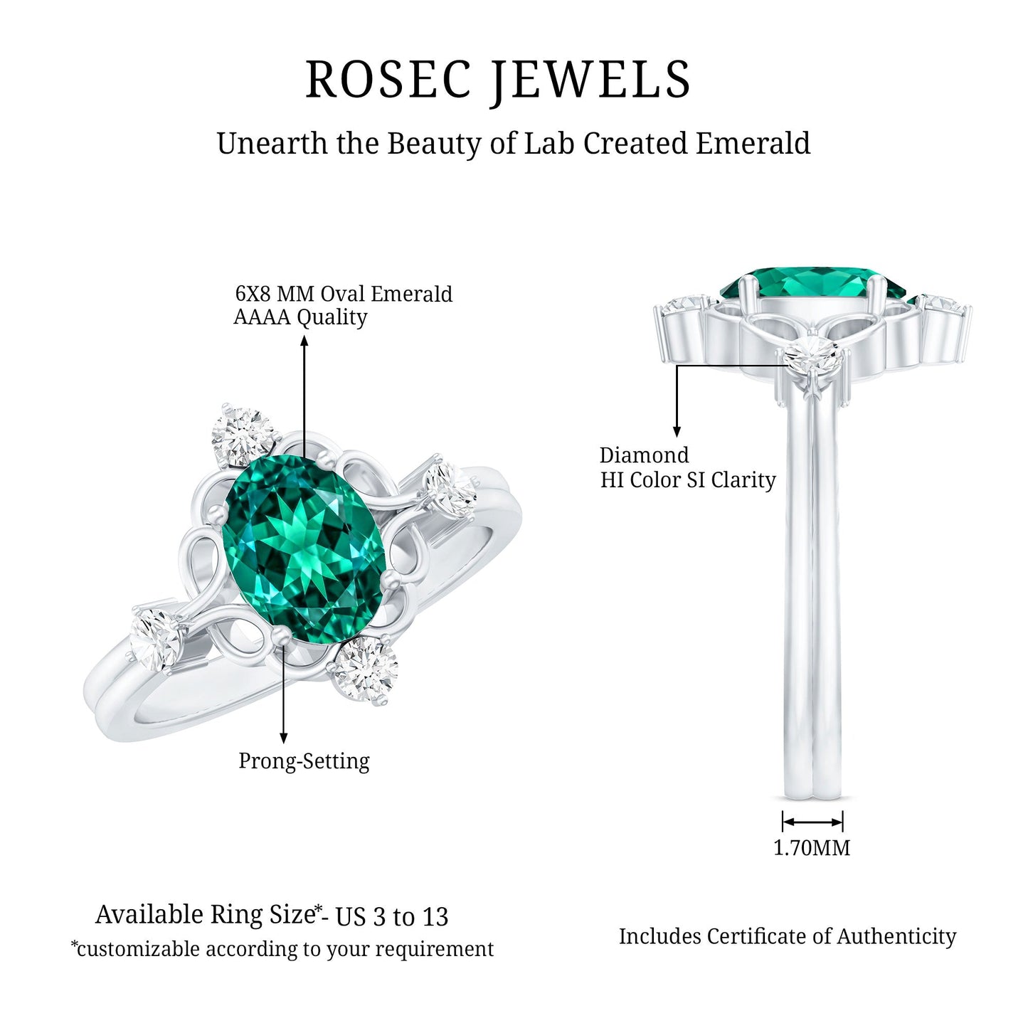 Vintage Inspired 1.2 Carat Lab Grown Emerald Oval Engagement Ring with Diamond