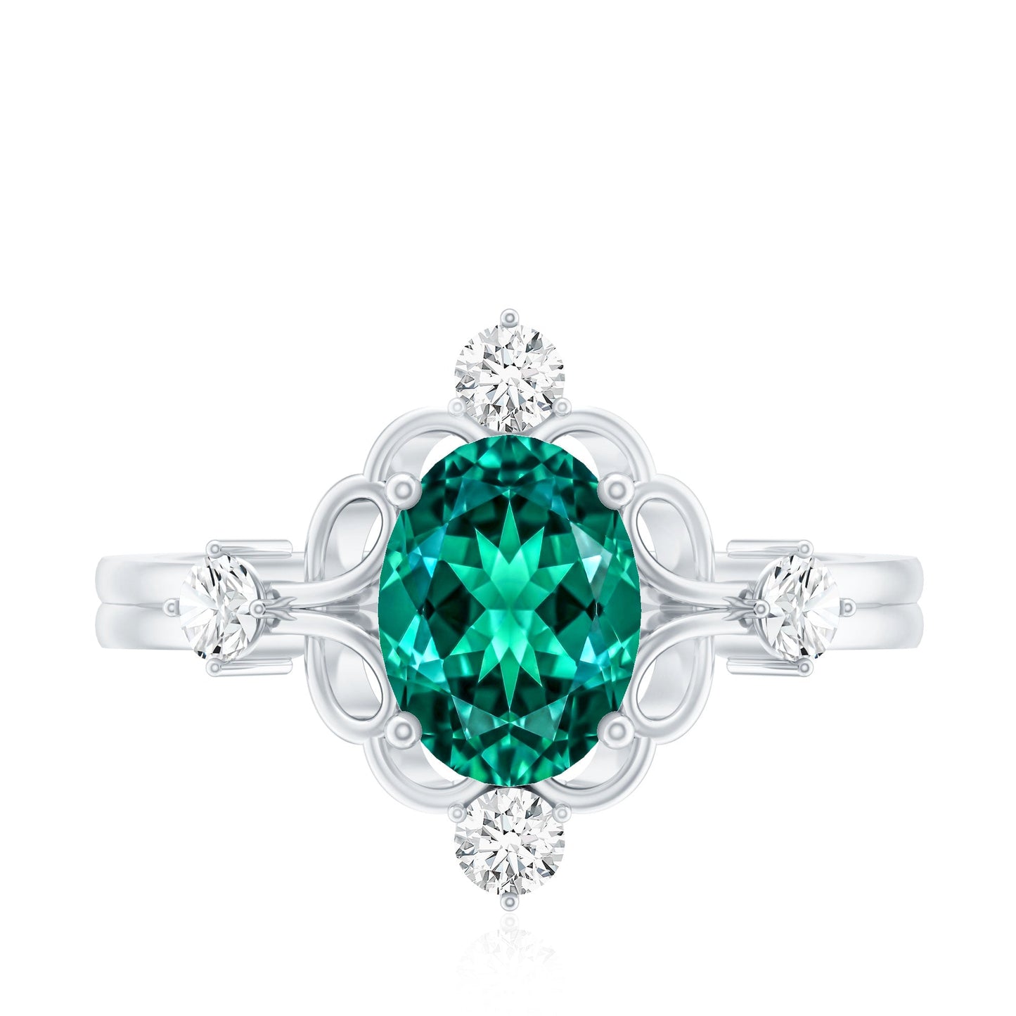 Vintage Inspired 1.2 Carat Lab Grown Emerald Oval Engagement Ring with Diamond