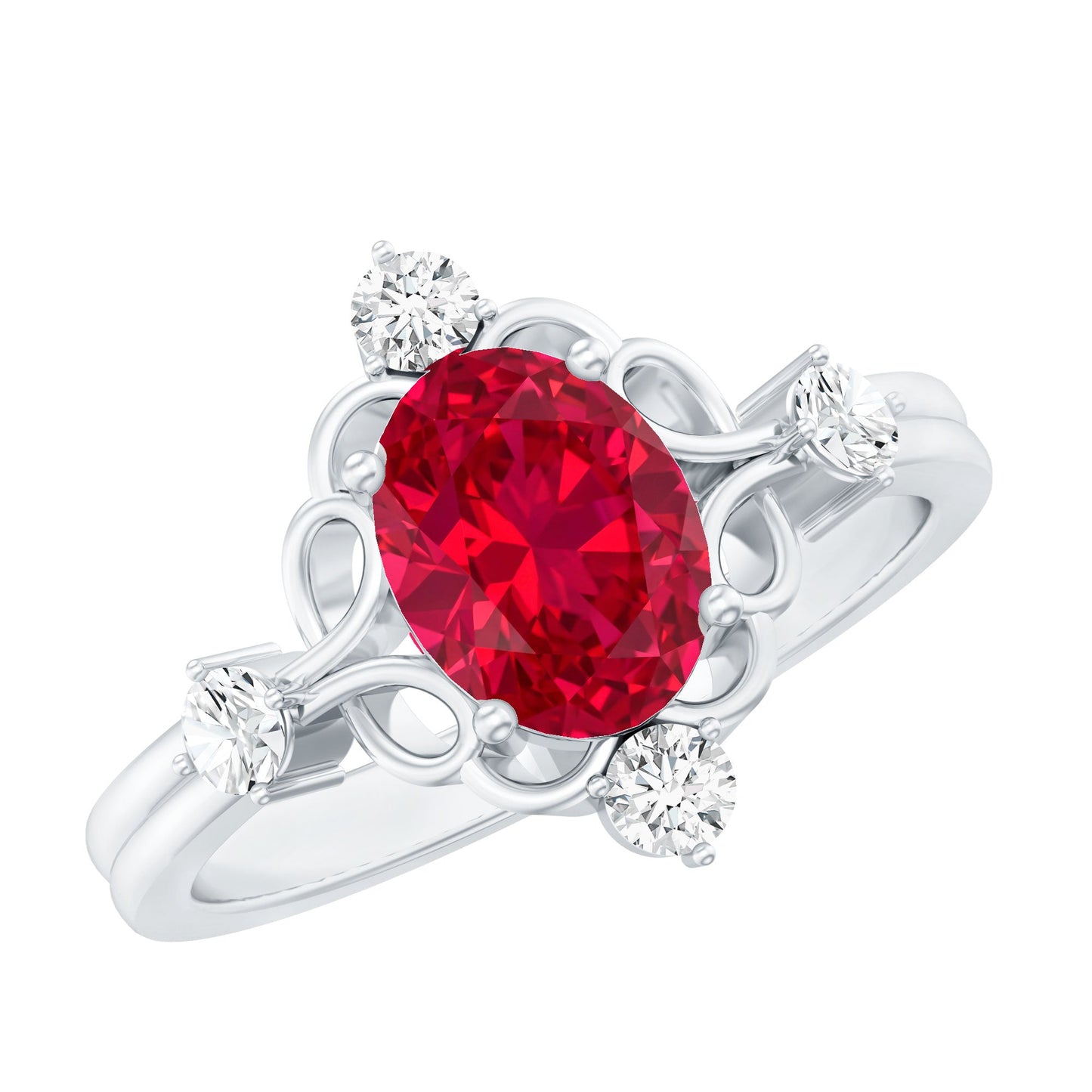 Oval Cut Created Ruby Solitaire Cocktail Ring with Diamond