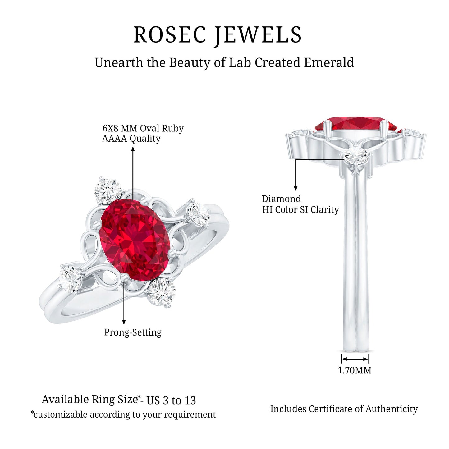 Oval Cut Created Ruby Solitaire Cocktail Ring with Diamond