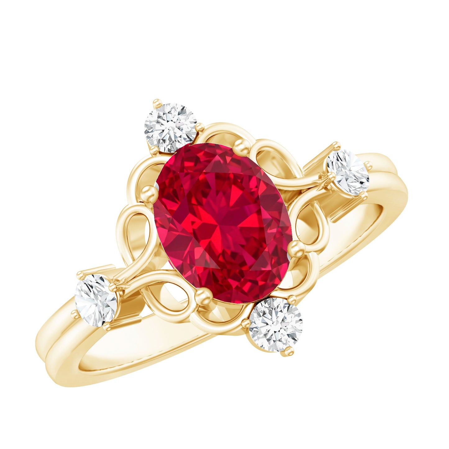 Oval Cut Created Ruby Solitaire Cocktail Ring with Diamond