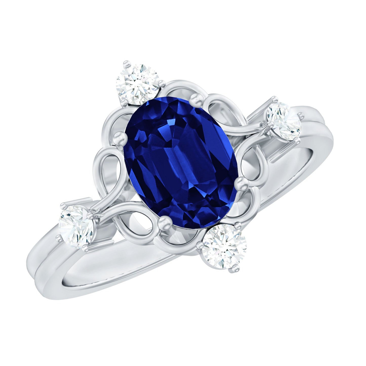 1.5 Carat Oval Cut Lab Grown Blue Sapphire Vintage Engagement Ring with Diamond