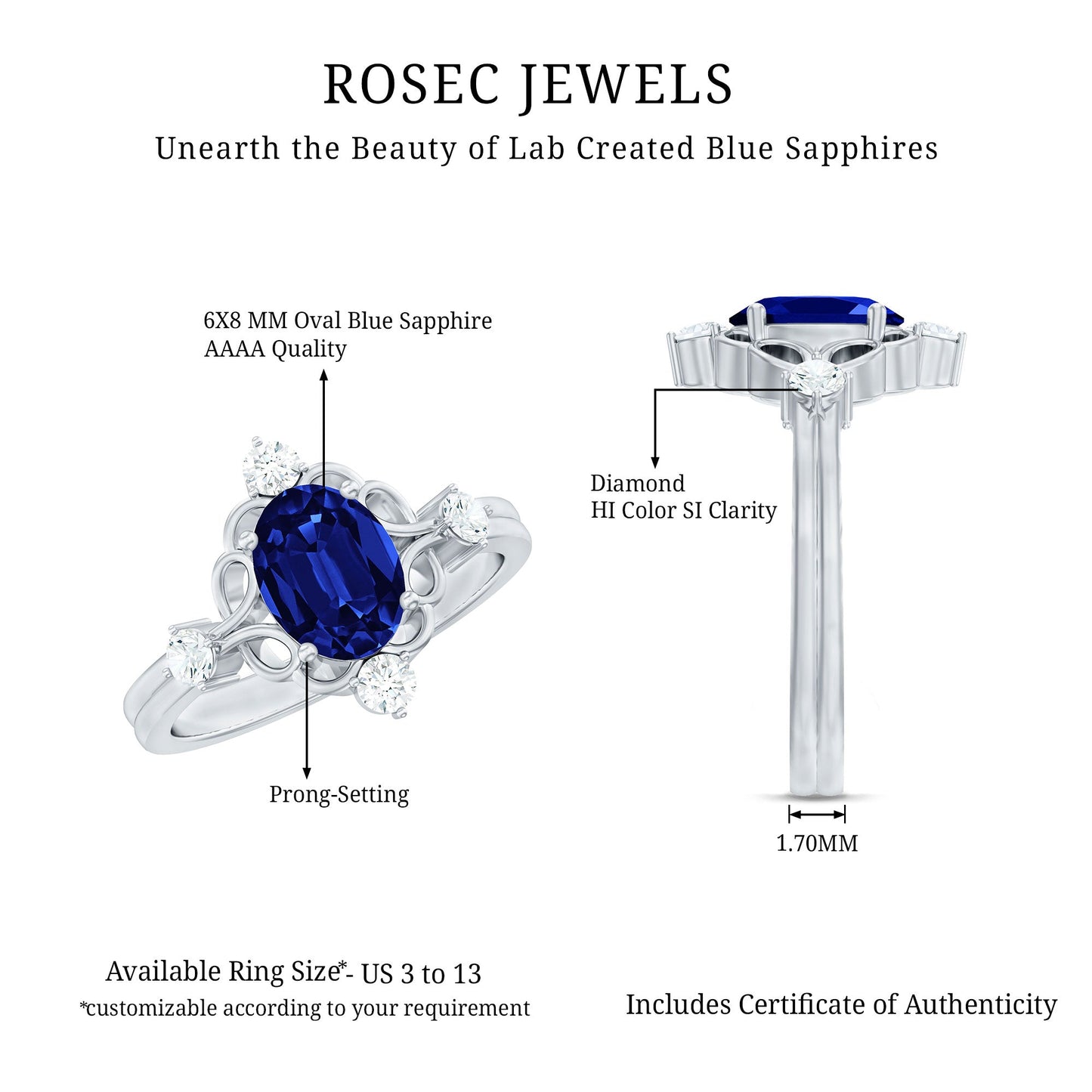 1.5 Carat Oval Cut Lab Grown Blue Sapphire Vintage Engagement Ring with Diamond