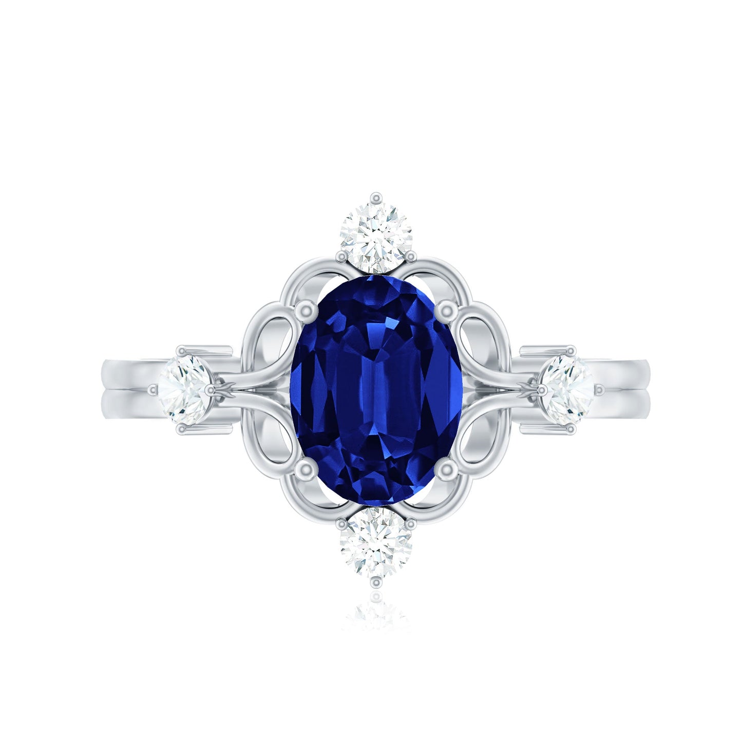 1.5 Carat Oval Cut Lab Grown Blue Sapphire Vintage Engagement Ring with Diamond