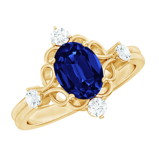 1.5 Carat Oval Cut Lab Grown Blue Sapphire Vintage Engagement Ring with Diamond