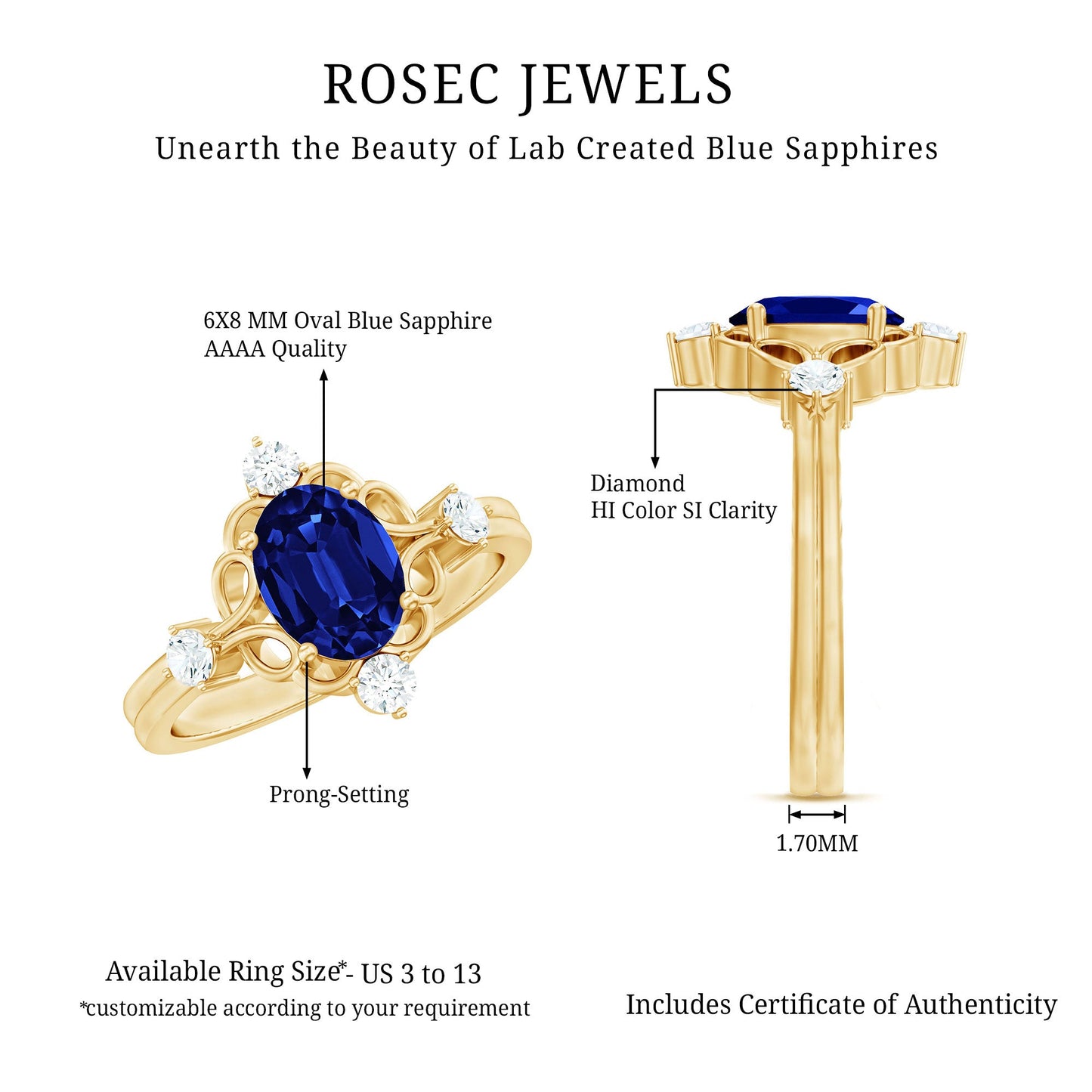 1.5 Carat Oval Cut Lab Grown Blue Sapphire Vintage Engagement Ring with Diamond