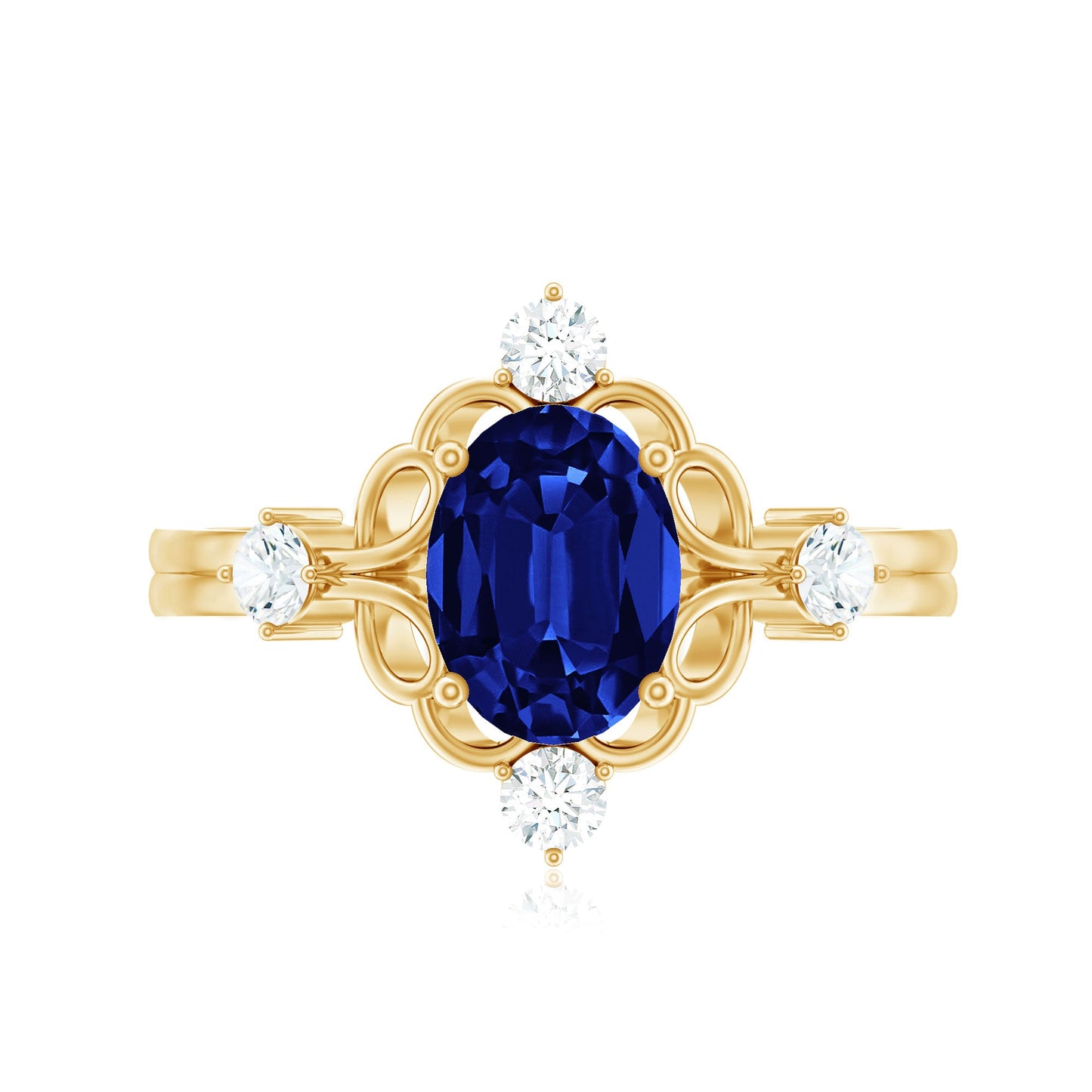 1.5 Carat Oval Cut Lab Grown Blue Sapphire Vintage Engagement Ring with Diamond