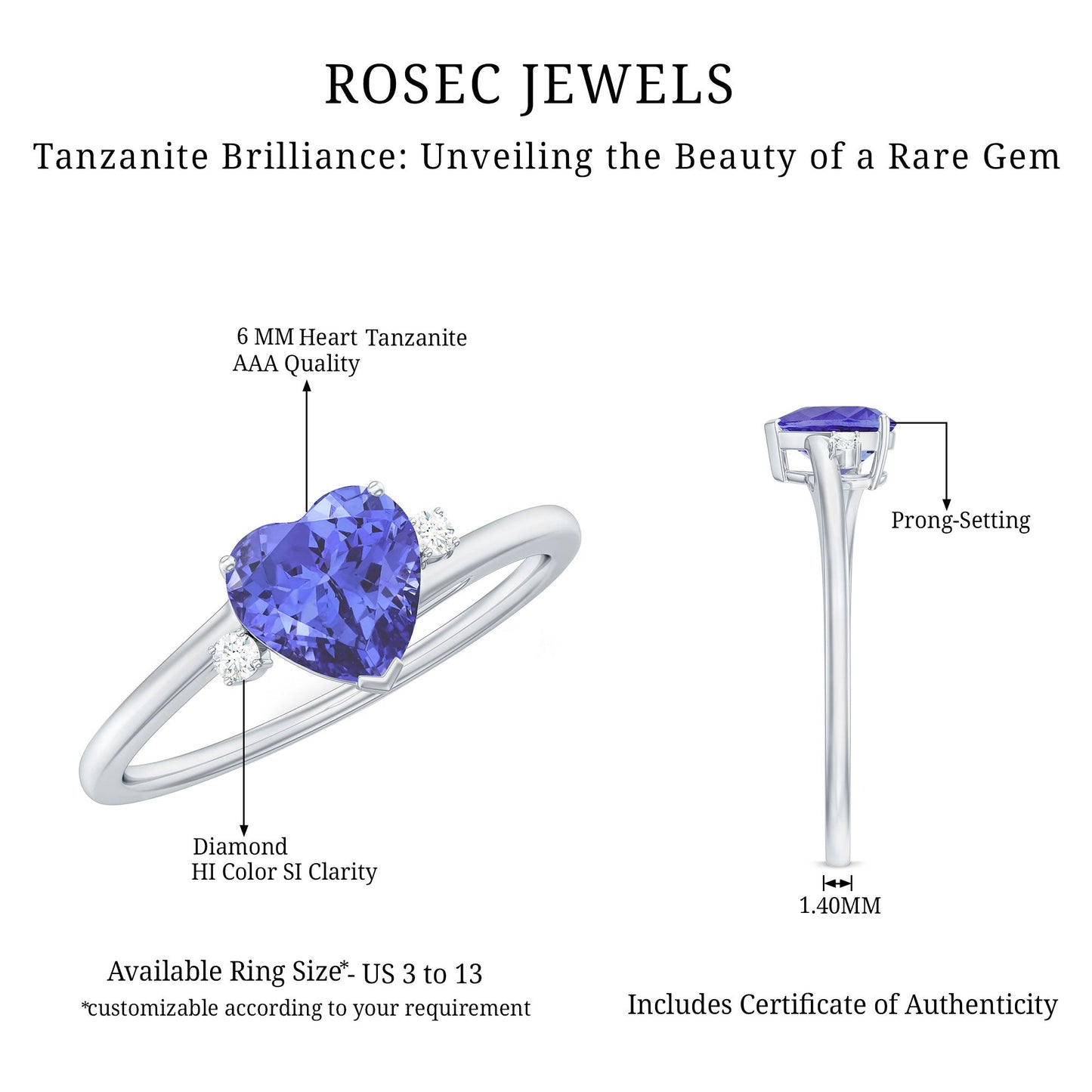 Certified Real Tanzanite Heart Promise Ring with Diamond