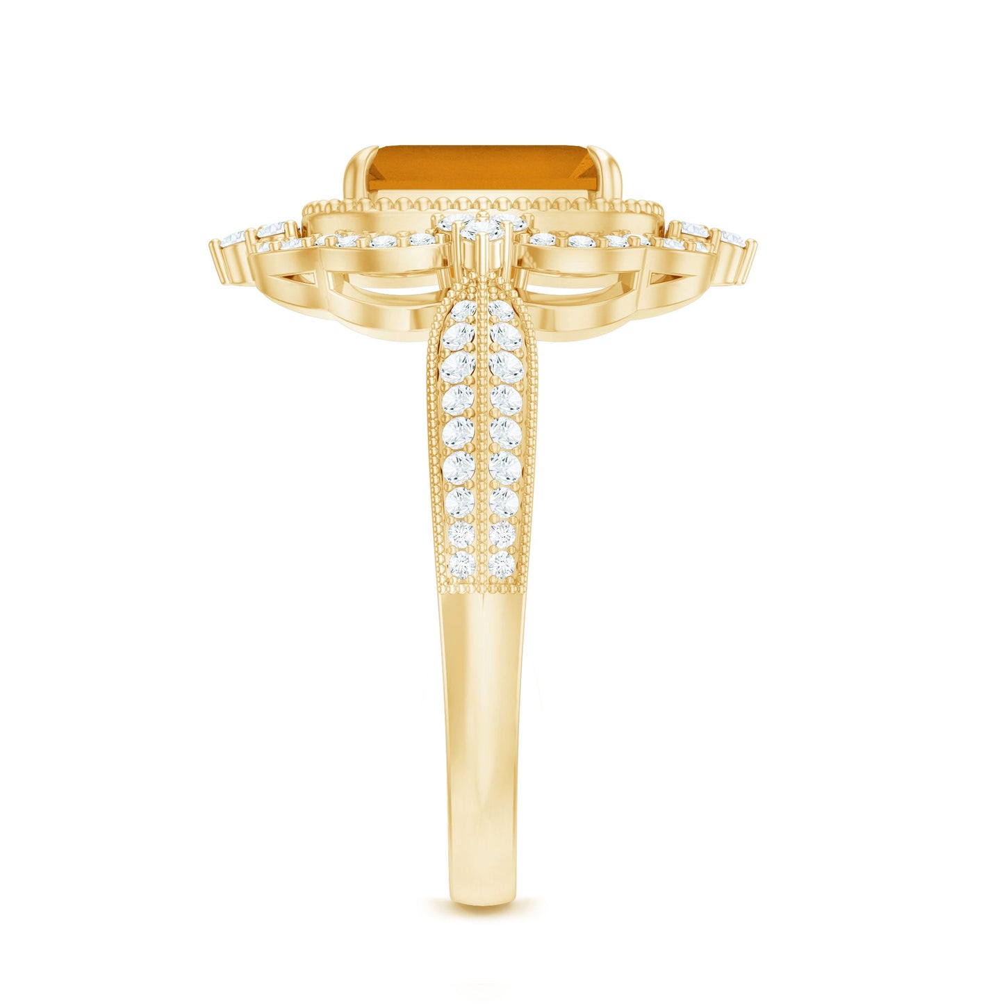 Vintage Inspired Citrine Emerald Cut Engagement Ring with Moissanite Halo