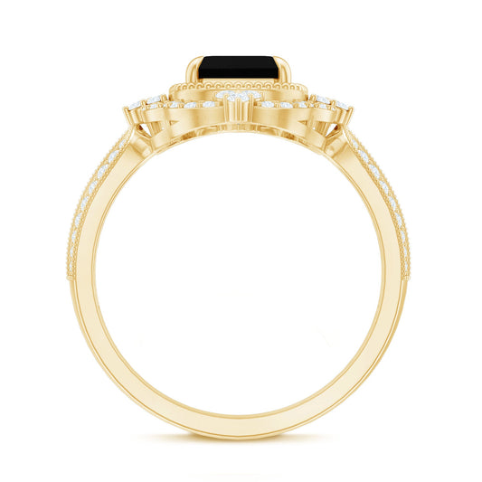 1.68 Carat Emerald Cut Lab Grown Black Diamond Retro Engagement Ring with White Diamond