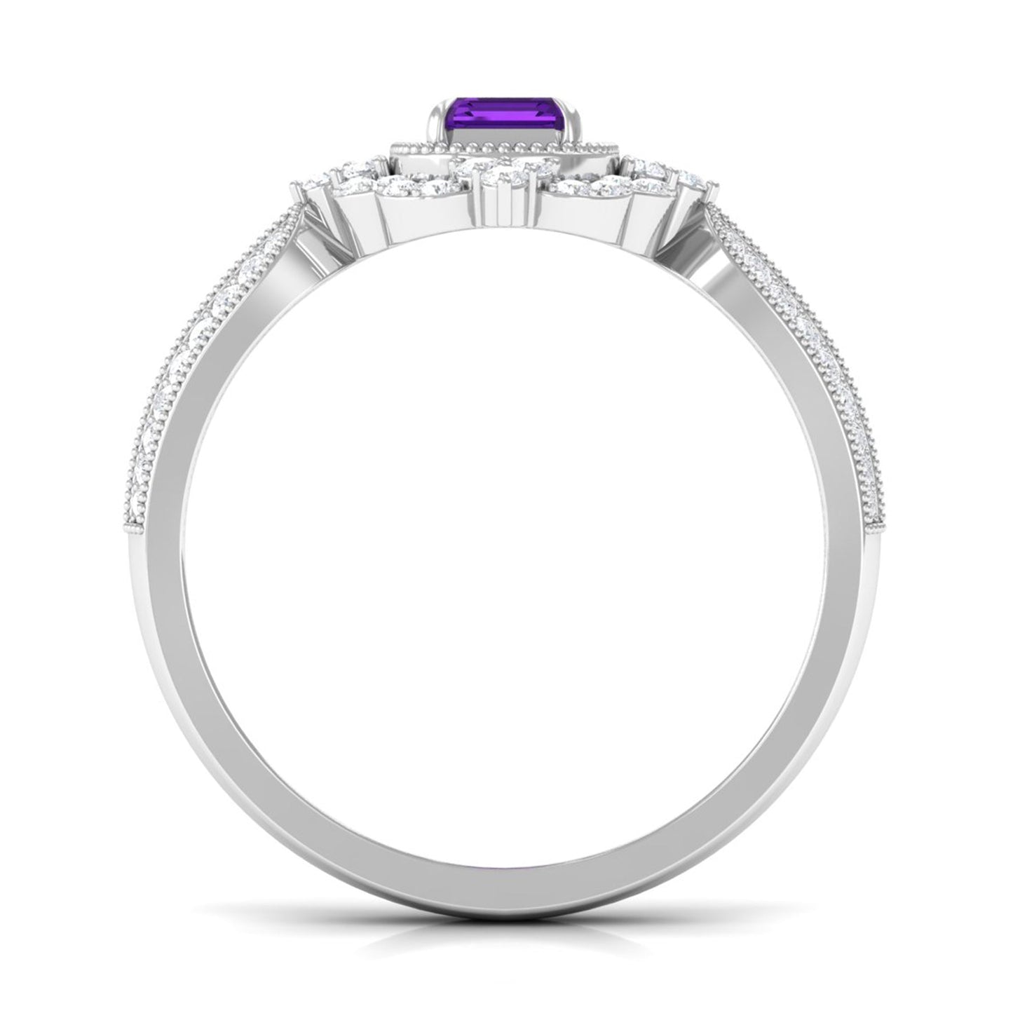 Vintage Inspired 1.4 Carat Amethyst Emerald Cut Engagement Ring with Diamond Halo