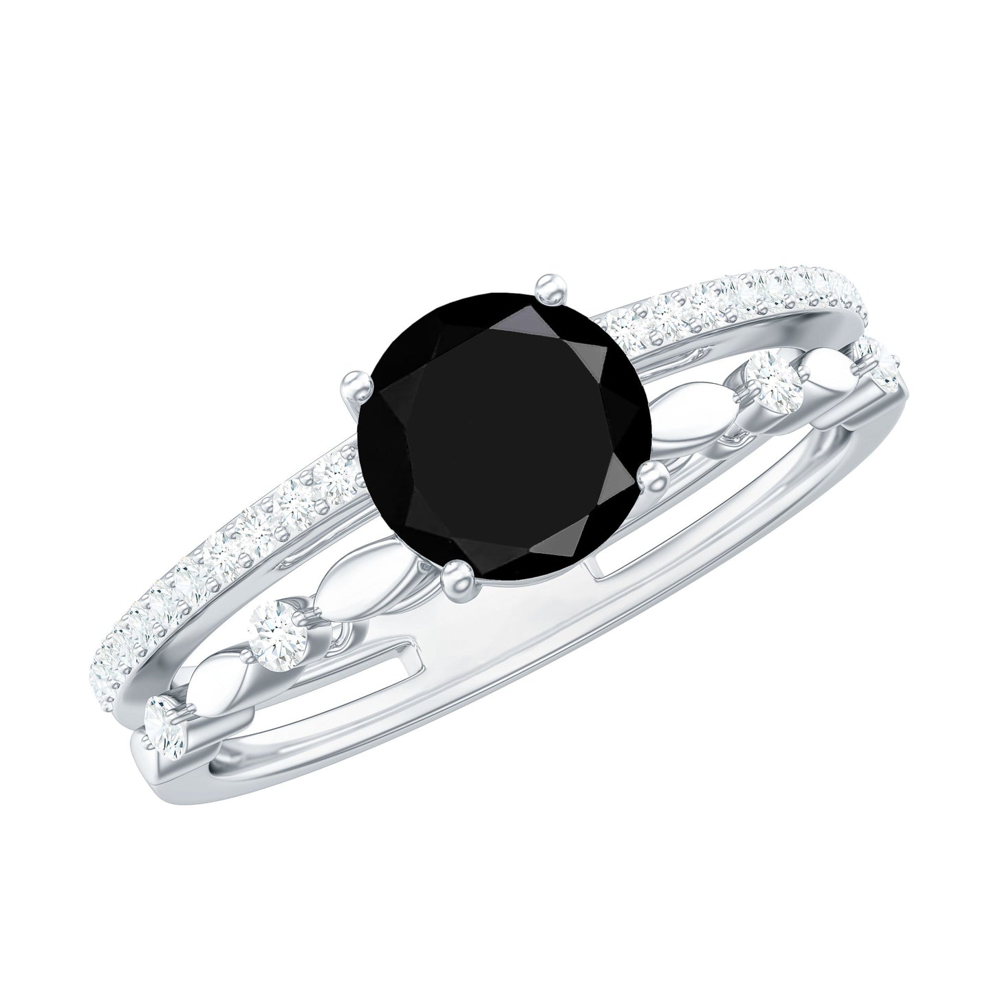 2 Carat Round Black Onyx and Diamond Promise Engagement Double Band Ring