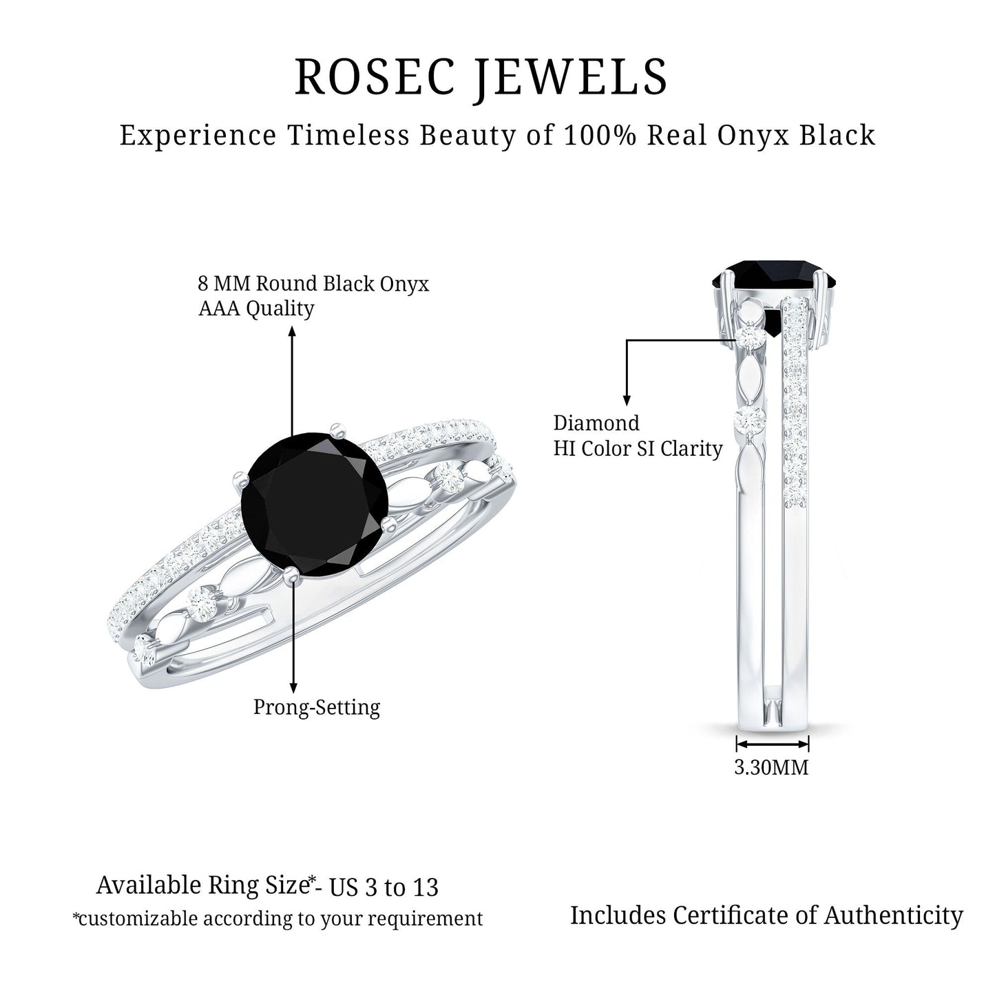 2 Carat Round Black Onyx and Diamond Promise Engagement Double Band Ring