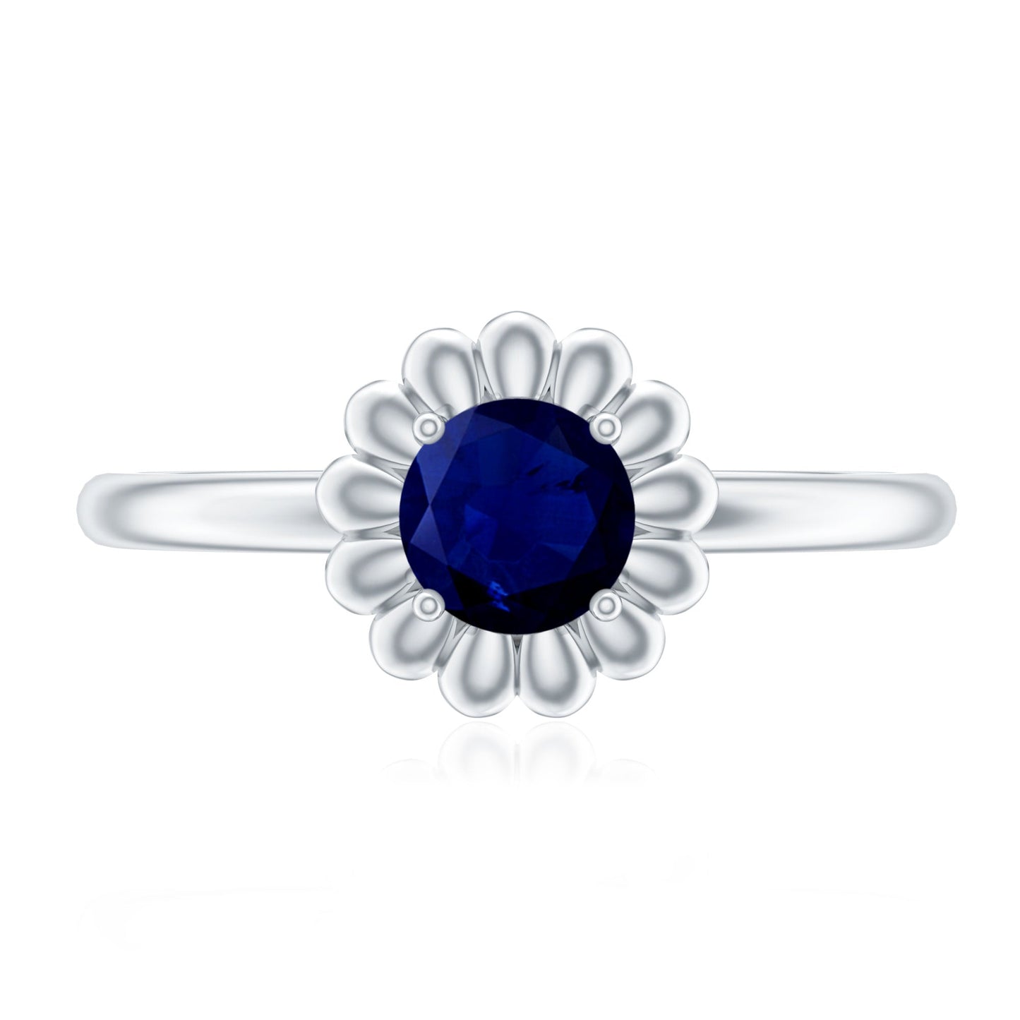 0.9 Carat Round Cut Solitaire Blue Sapphire Flower Ring