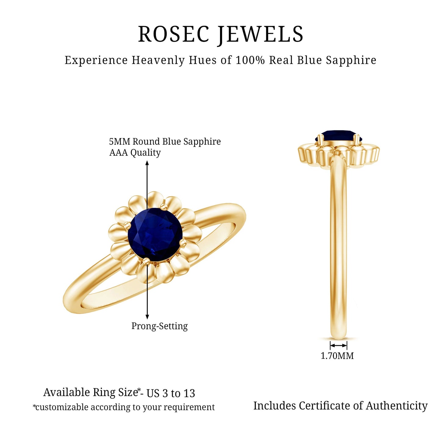 0.9 Carat Round Cut Solitaire Blue Sapphire Flower Ring